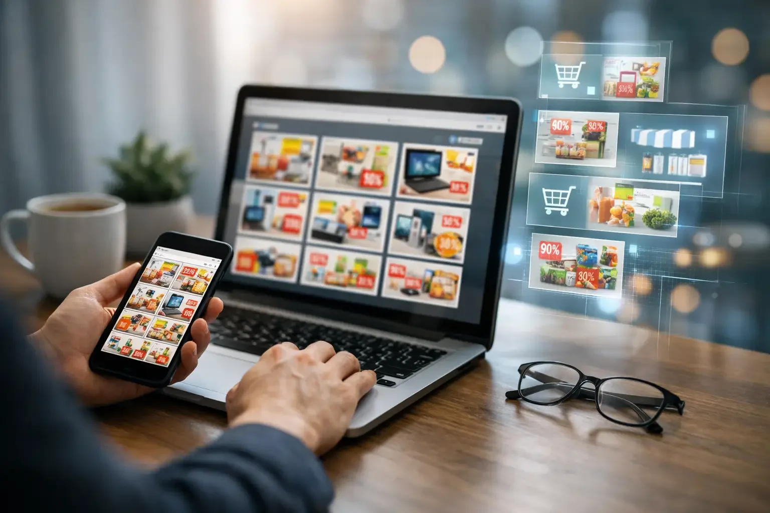 Site e catálogo digital de brindes acessados em notebook e smartphone