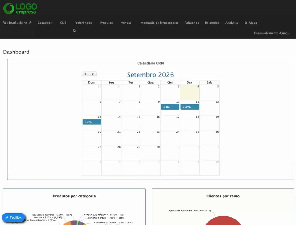 Painel administrativo AJWS com calendário de CRM e indicadores comerciais